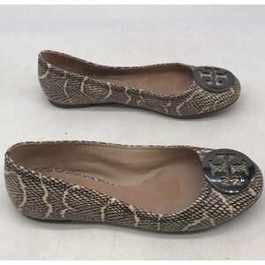 Tory Burch Minnie Travel Ballet Flats Snake Print Leather Logo Womens‎ Sz 6.5